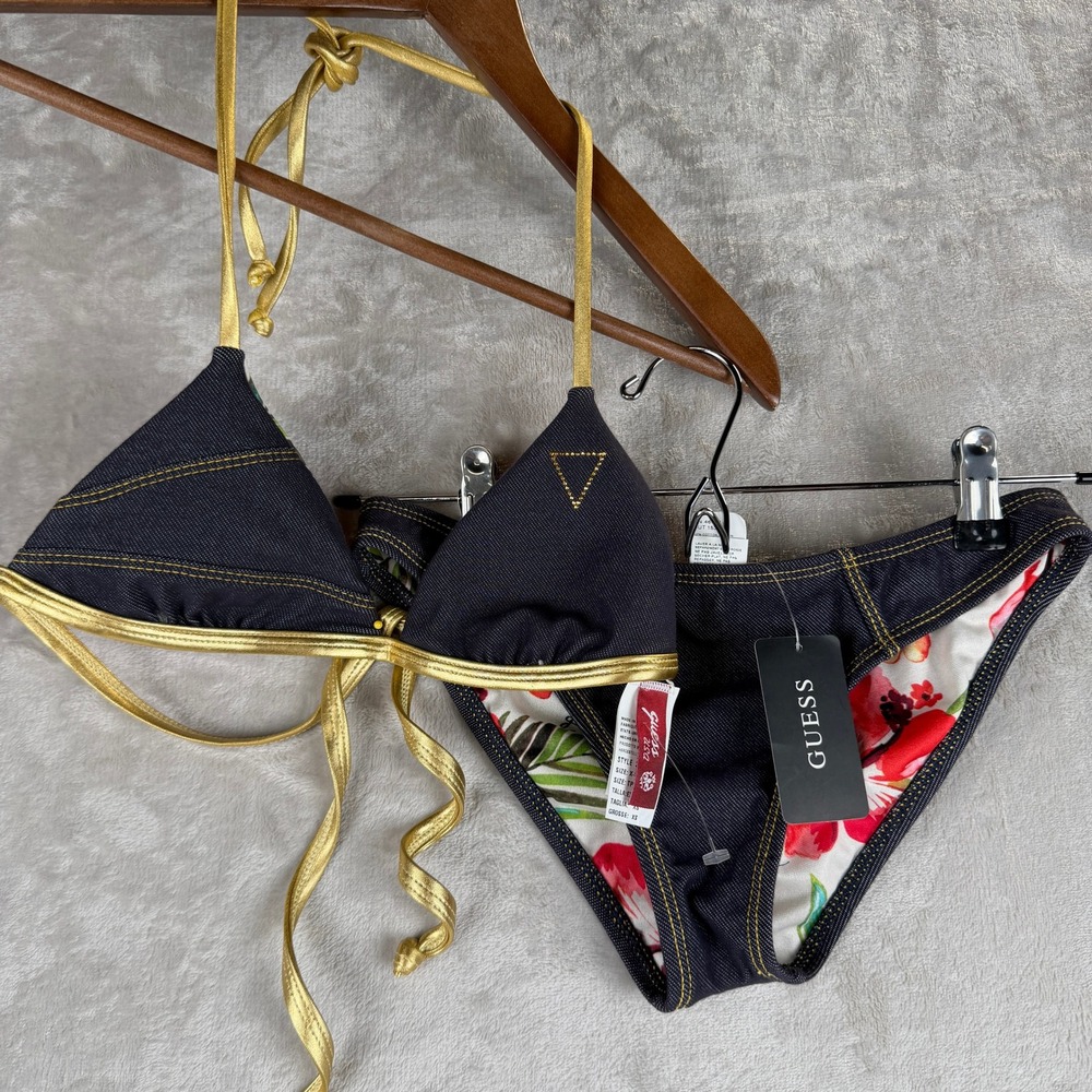 Guess Reversible Denim Tropical Floral Bikini Set Gold Trim XS NWT Made in USA